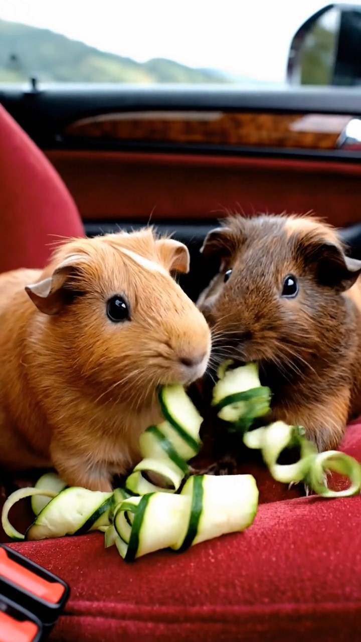 1767. Realistic photo of 2 smooth-haired Rex guinea pigs with fawn and chocolate fur, sharing zucchini spirals, in a car interior ascending.