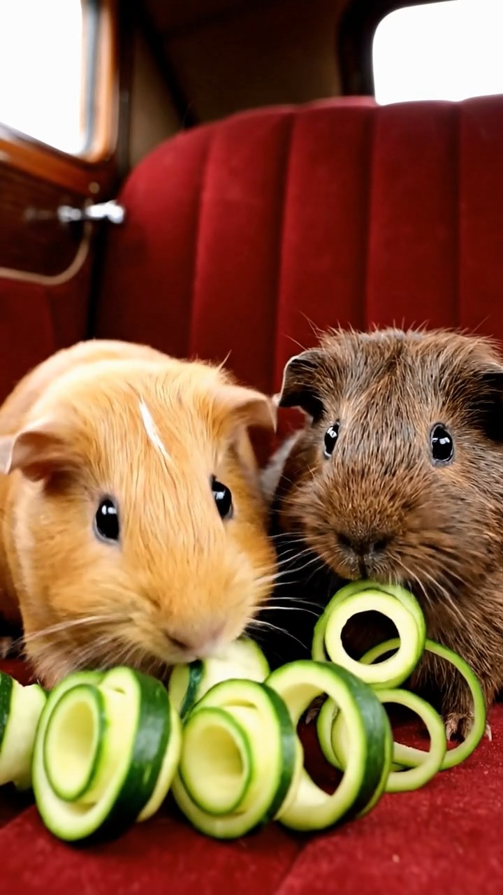 1767. Realistic photo of 2 smooth-haired Rex guinea pigs with fawn and chocolate fur, sharing zucchini spirals, in a car interior ascending.