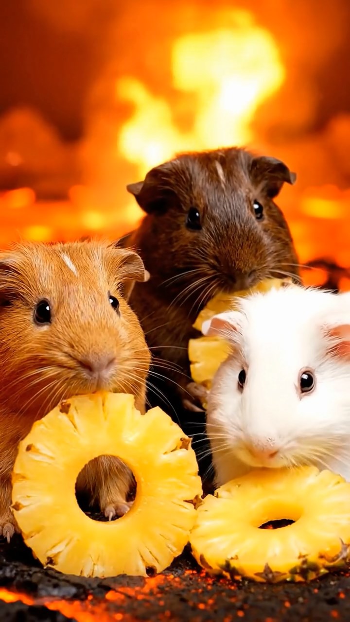 1768. Highly detailed view of 3 smooth-haired Coronet guinea pigs in cinnamon, sable, and white colors, munching on pineapple rings, near a flow lava edge.