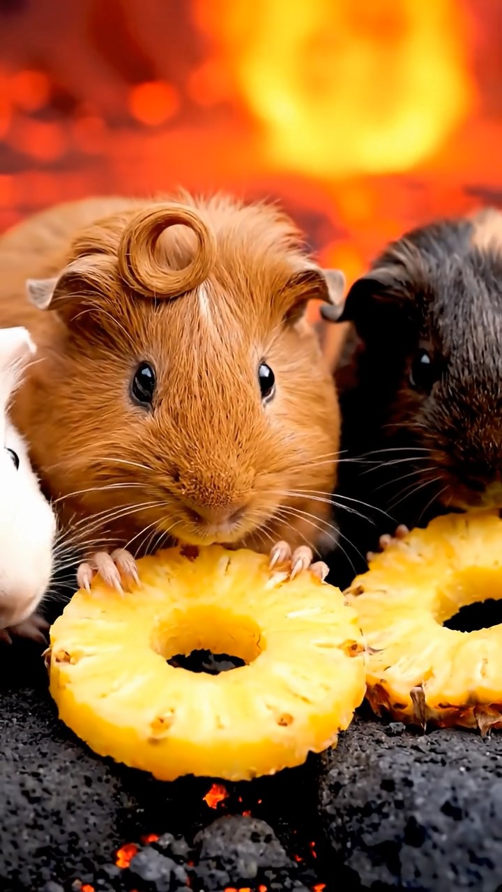 1768. Highly detailed view of 3 smooth-haired Coronet guinea pigs in cinnamon, sable, and white colors, munching on pineapple rings, near a flow lava edge.