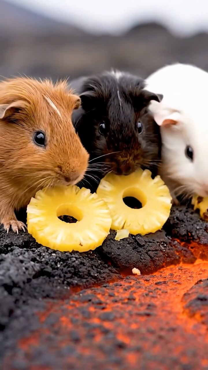 1768. Highly detailed view of 3 smooth-haired Coronet guinea pigs in cinnamon, sable, and white colors, munching on pineapple rings, near a flow lava edge.