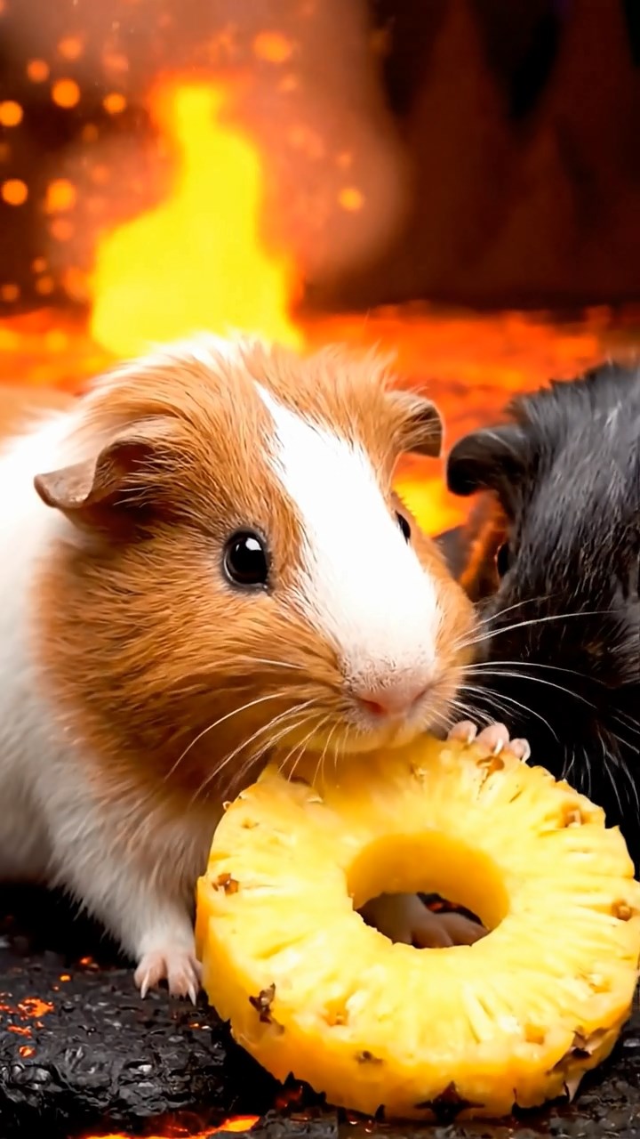 1768. Highly detailed view of 3 smooth-haired Coronet guinea pigs in cinnamon, sable, and white colors, munching on pineapple rings, near a flow lava edge.