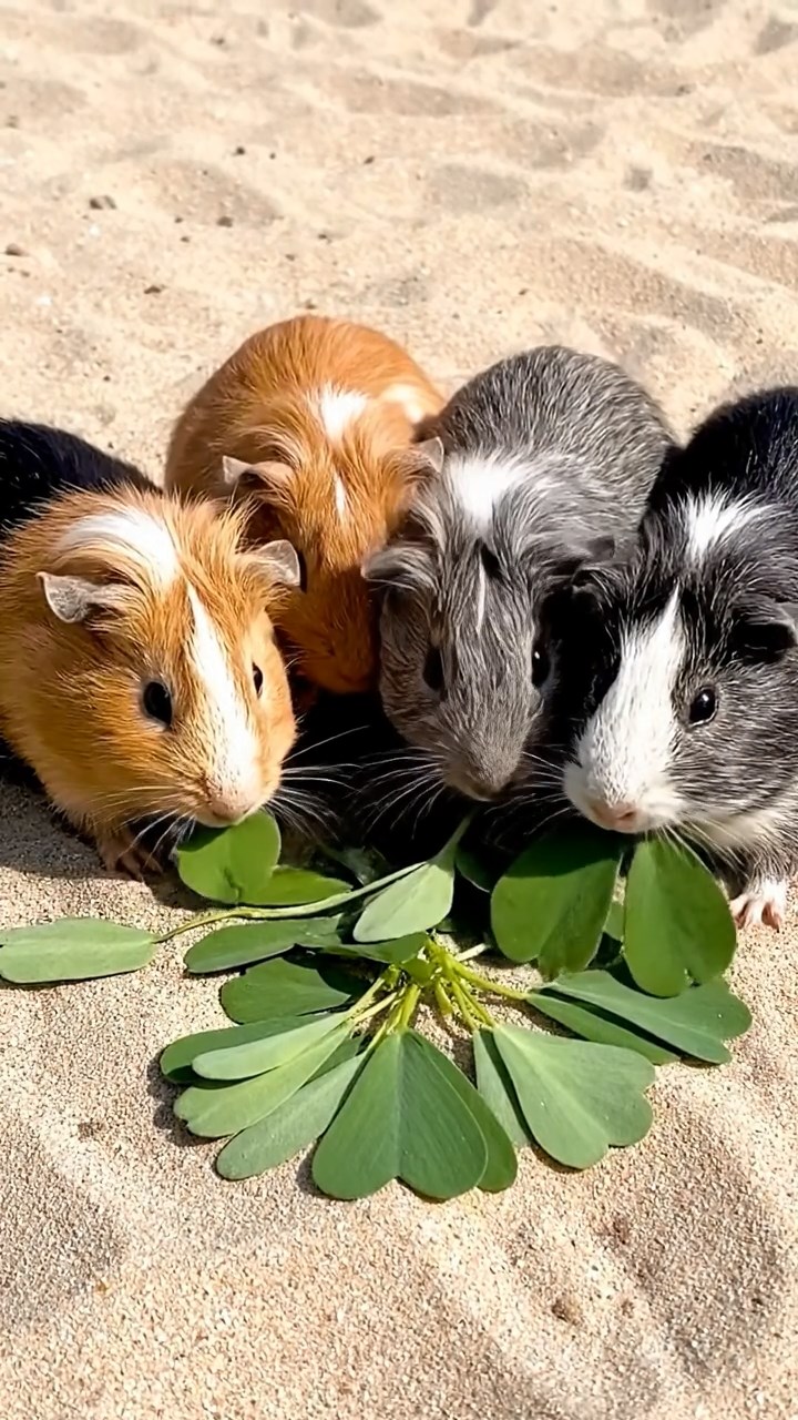1769. Photorealistic image of 5 smooth-haired White Crested guinea pigs with orange, gray, and black fur, eating alfalfa leaves, on a court volleyball sand.