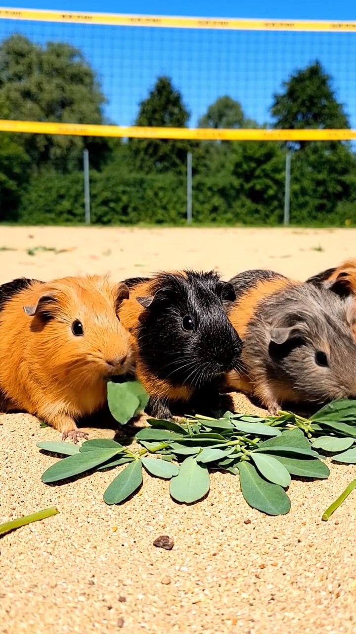 1769. Photorealistic image of 5 smooth-haired White Crested guinea pigs with orange, gray, and black fur, eating alfalfa leaves, on a court volleyball sand.