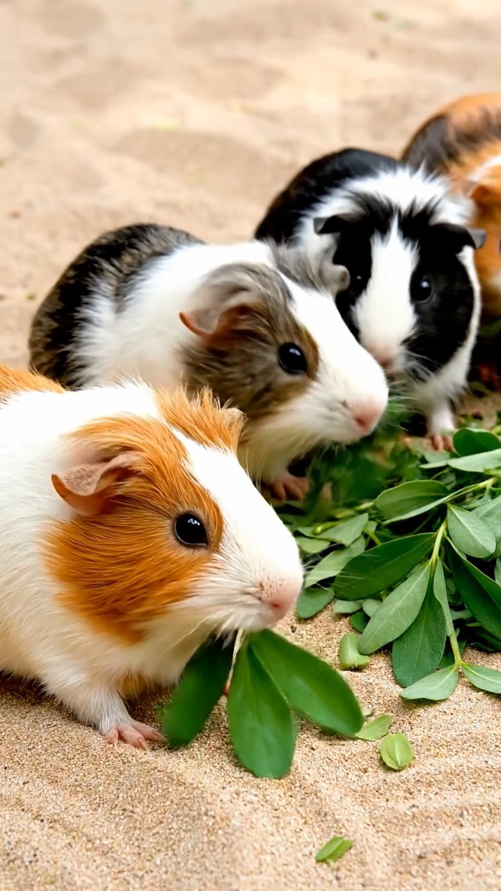 1769. Photorealistic image of 5 smooth-haired White Crested guinea pigs with orange, gray, and black fur, eating alfalfa leaves, on a court volleyball sand.