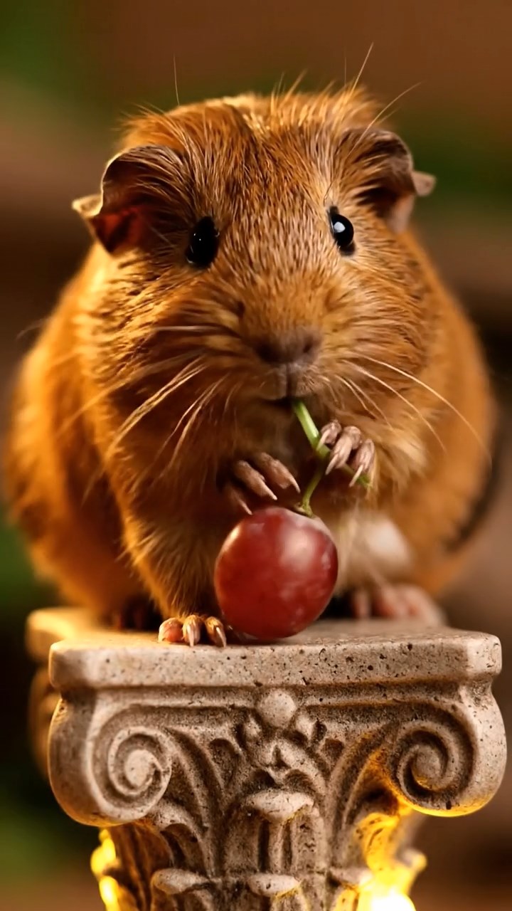 1770. Realistic depiction of 1 smooth-haired Skinny guinea pig with brown fur, nibbling on grape stems, atop a pedestal with lights.