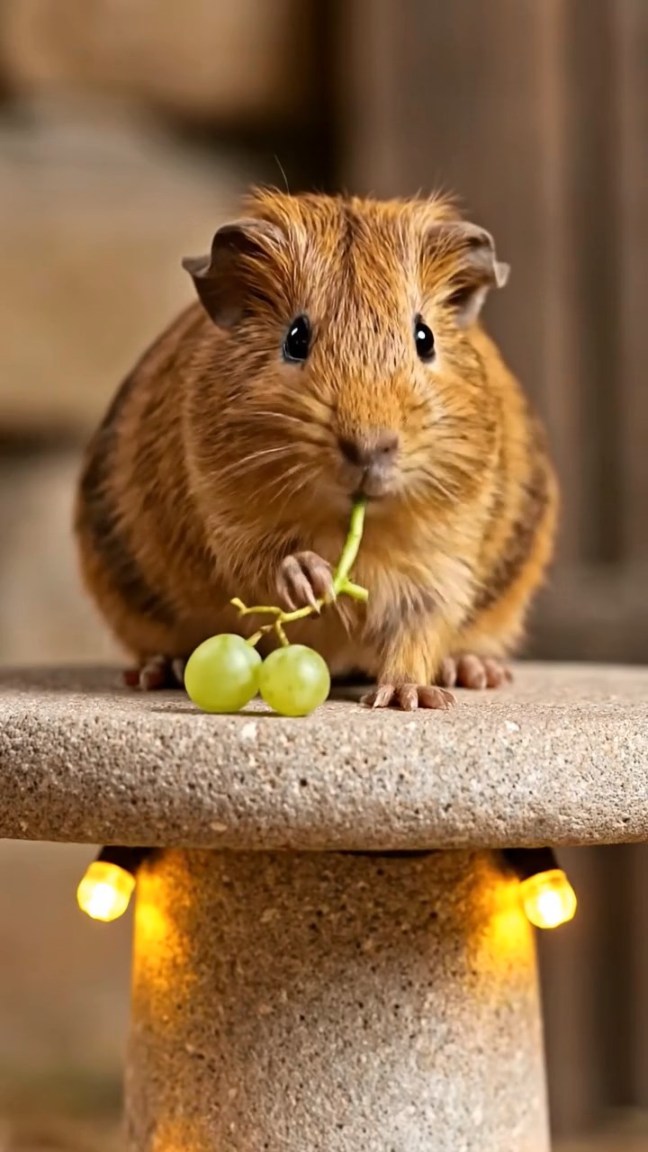 1770. Realistic depiction of 1 smooth-haired Skinny guinea pig with brown fur, nibbling on grape stems, atop a pedestal with lights.