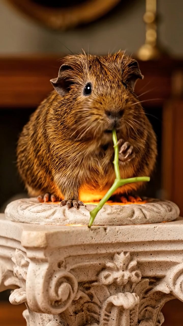 1770. Realistic depiction of 1 smooth-haired Skinny guinea pig with brown fur, nibbling on grape stems, atop a pedestal with lights.