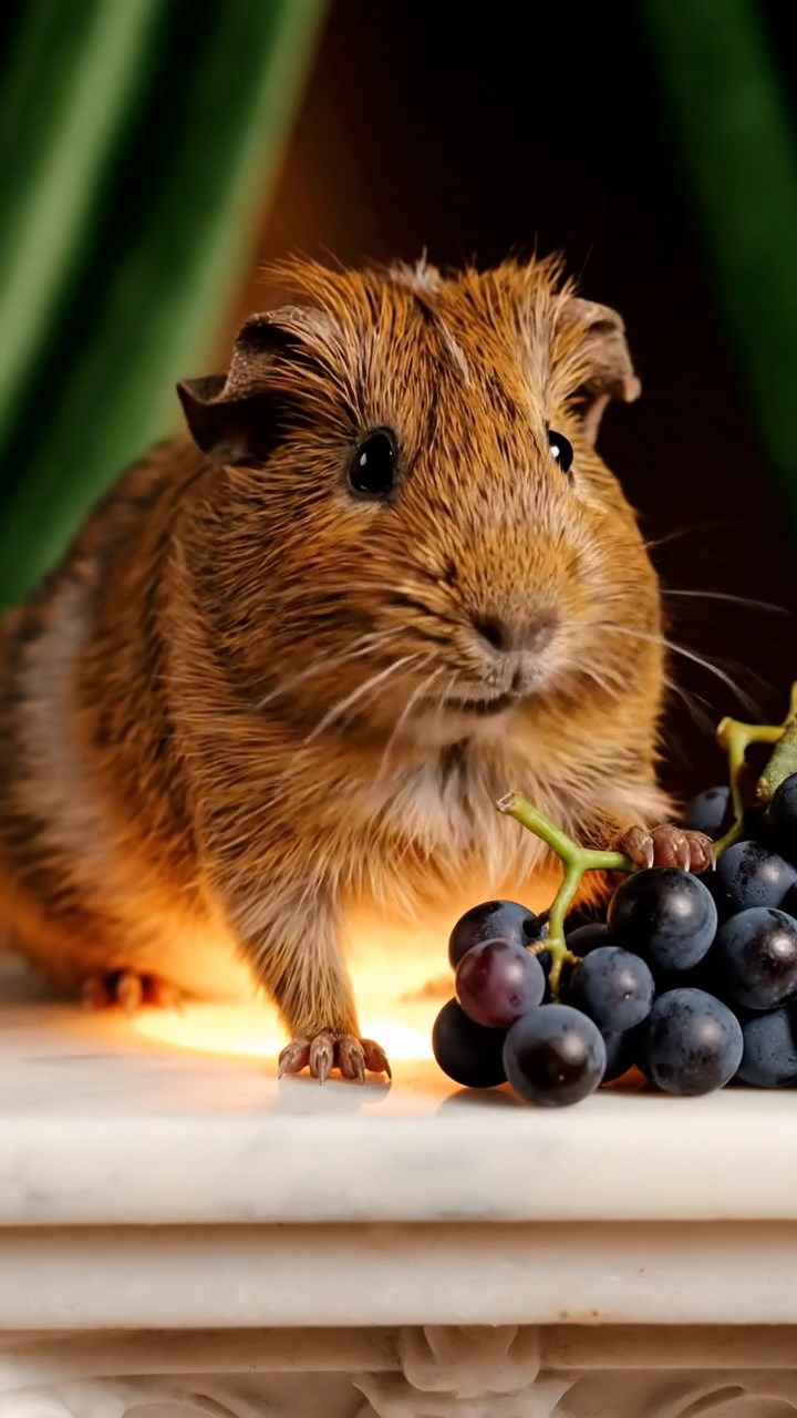 1770. Realistic depiction of 1 smooth-haired Skinny guinea pig with brown fur, nibbling on grape stems, atop a pedestal with lights.