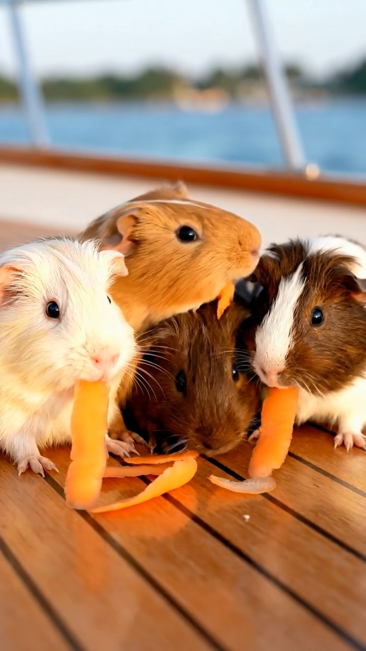 1771. Detailed scene of 4 smooth-haired American guinea pigs featuring cream, fawn, and chocolate coats, chewing on carrot peels, on a boat sundeck cruising.
