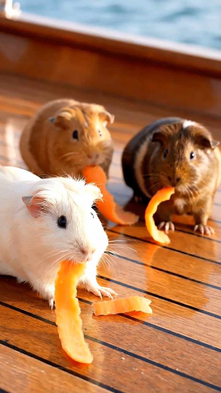 1771. Detailed scene of 4 smooth-haired American guinea pigs featuring cream, fawn, and chocolate coats, chewing on carrot peels, on a boat sundeck cruising.