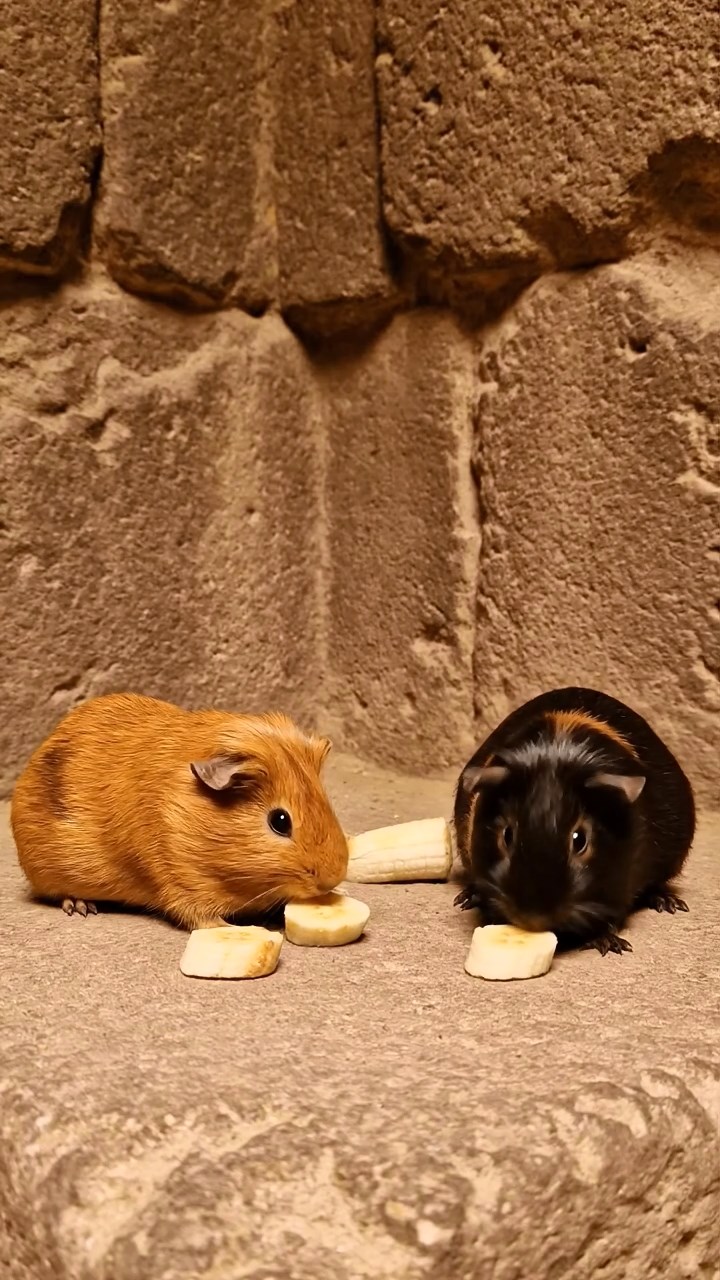 1772. Photorealistic photo of 2 smooth-haired Abyssinian guinea pigs with cinnamon and sable fur, sharing banana slices, inside a pyramid stone chamber.