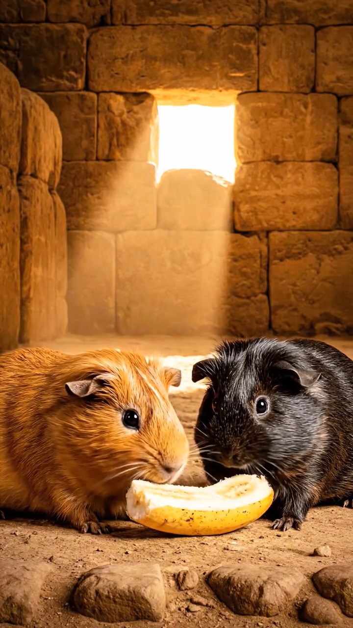1772. Photorealistic photo of 2 smooth-haired Abyssinian guinea pigs with cinnamon and sable fur, sharing banana slices, inside a pyramid stone chamber.