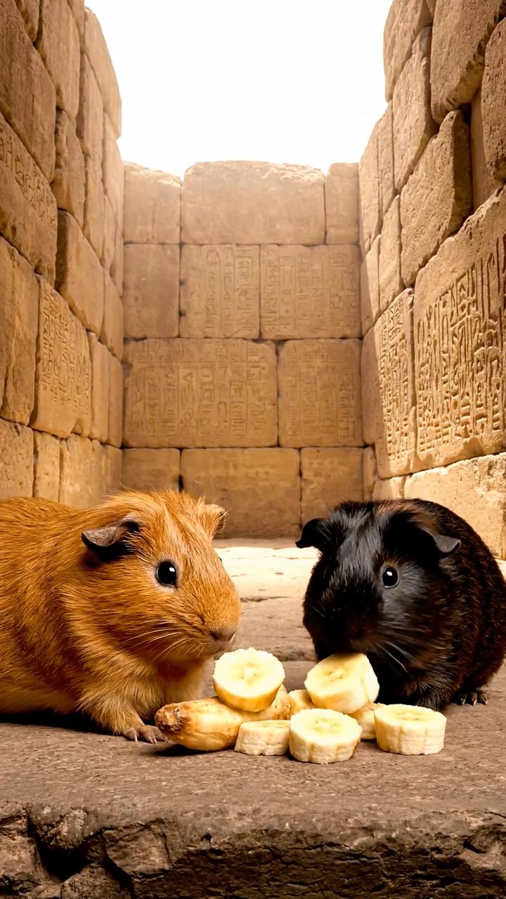 1772. Photorealistic photo of 2 smooth-haired Abyssinian guinea pigs with cinnamon and sable fur, sharing banana slices, inside a pyramid stone chamber.