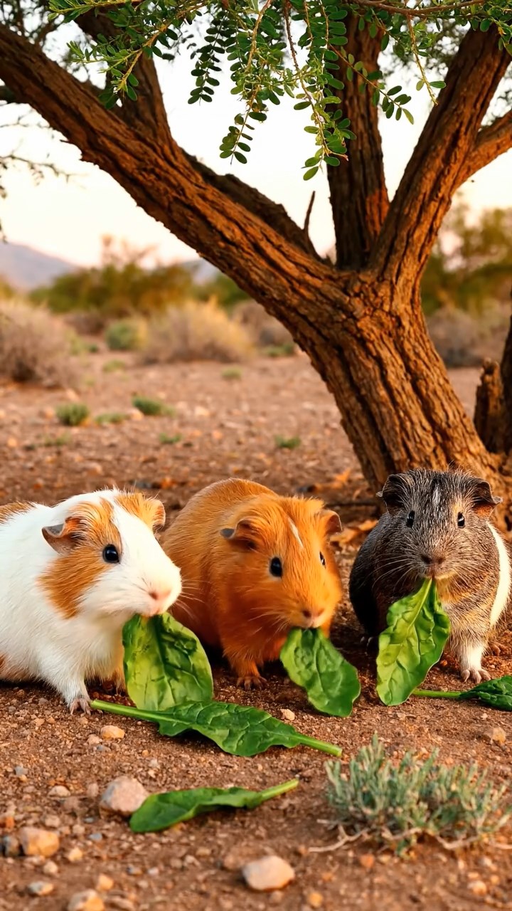 1773. Realistic image of 3 smooth-haired Peruvian guinea pigs with white, orange, and gray fur, munching on spinach leaves, under a tree in desert.