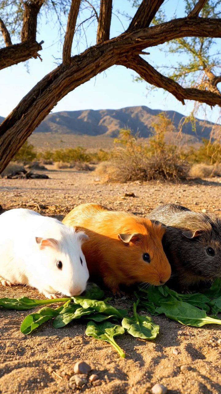 1773. Realistic image of 3 smooth-haired Peruvian guinea pigs with white, orange, and gray fur, munching on spinach leaves, under a tree in desert.