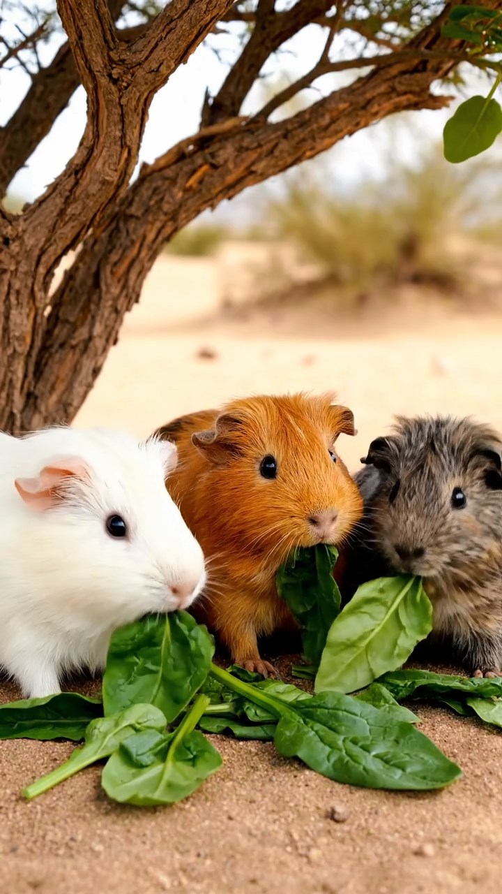 1773. Realistic image of 3 smooth-haired Peruvian guinea pigs with white, orange, and gray fur, munching on spinach leaves, under a tree in desert.