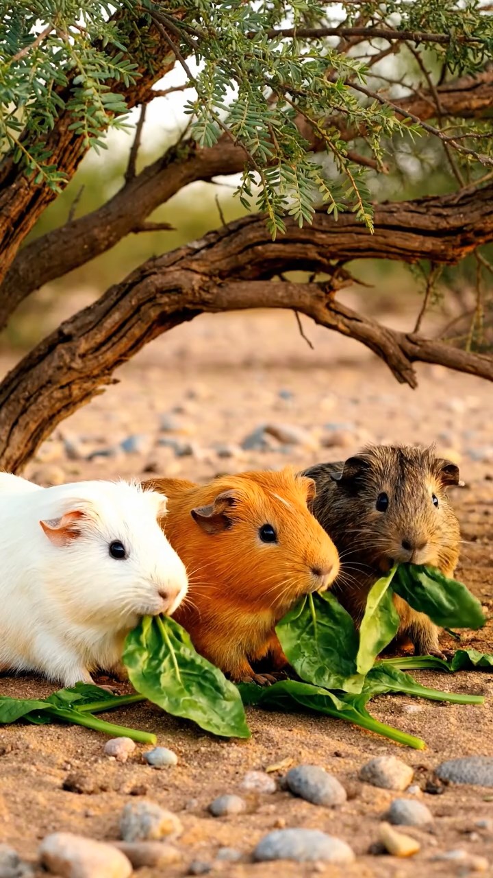 1773. Realistic image of 3 smooth-haired Peruvian guinea pigs with white, orange, and gray fur, munching on spinach leaves, under a tree in desert.