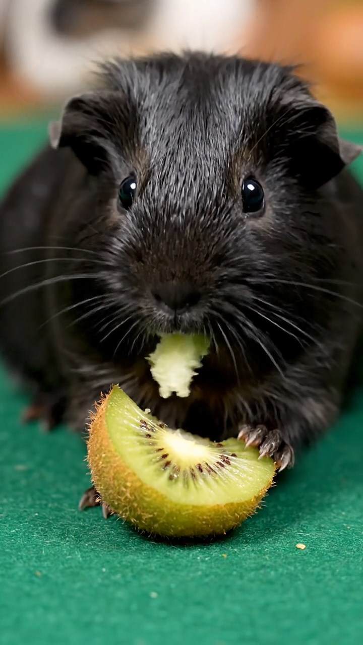 1774. Highly detailed view of 1 smooth-haired Silkie guinea pig with black fur, eating kiwi peels, on a table gaming felt.