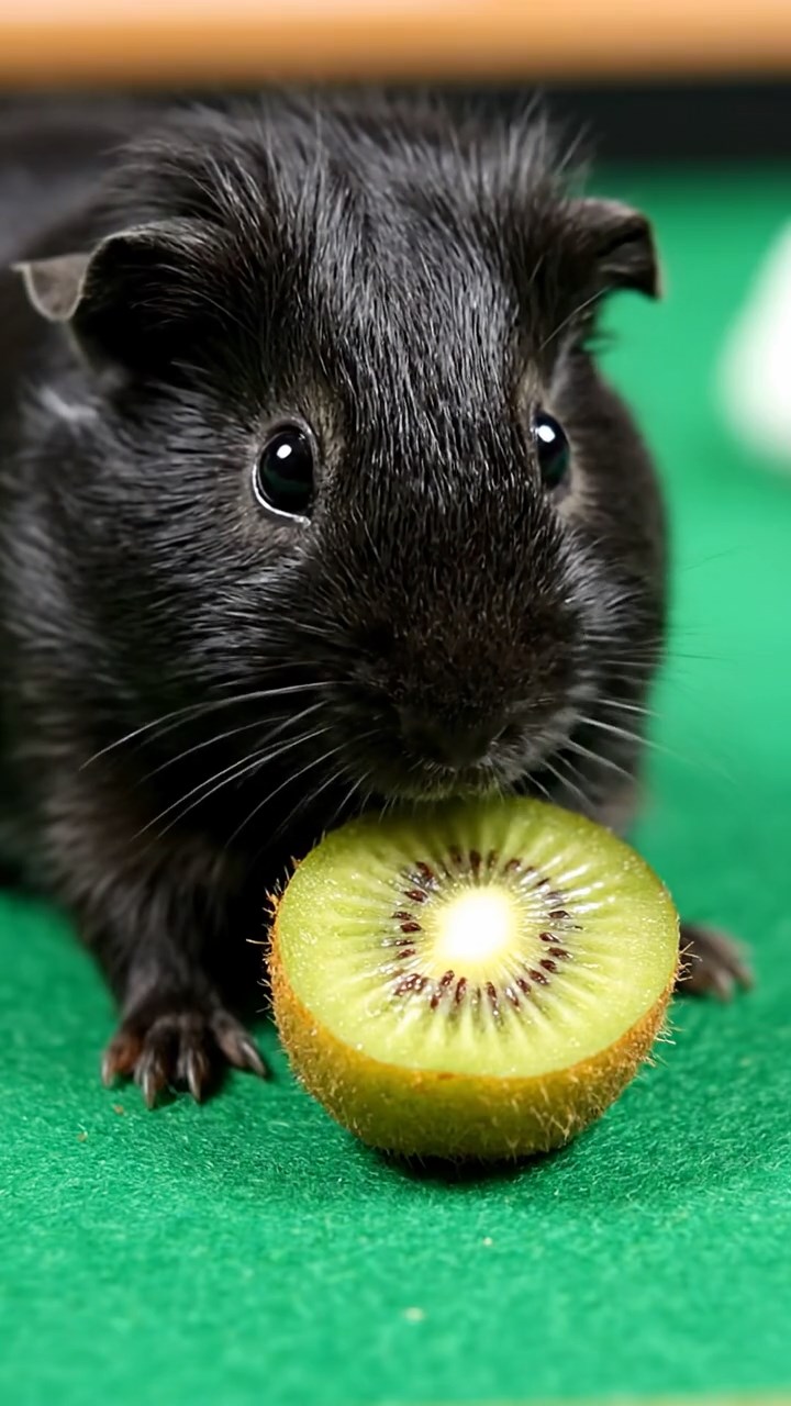 1774. Highly detailed view of 1 smooth-haired Silkie guinea pig with black fur, eating kiwi peels, on a table gaming felt.