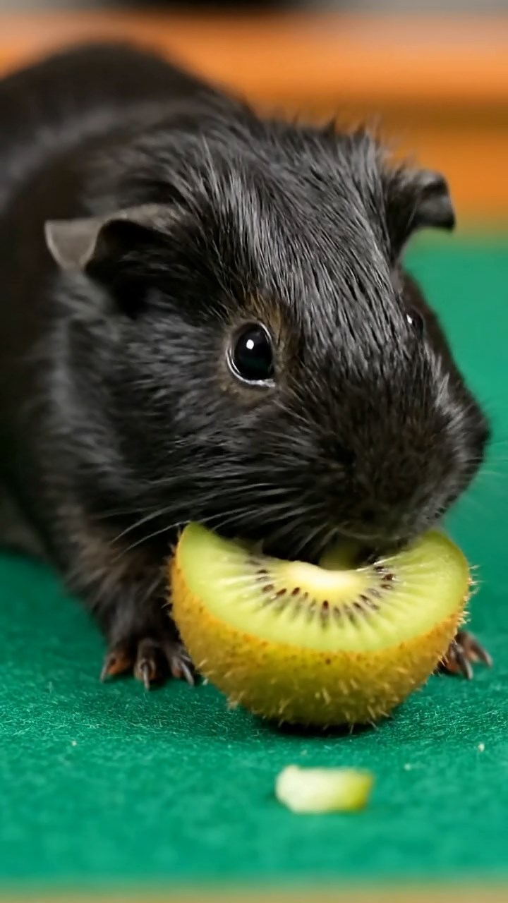 1774. Highly detailed view of 1 smooth-haired Silkie guinea pig with black fur, eating kiwi peels, on a table gaming felt.