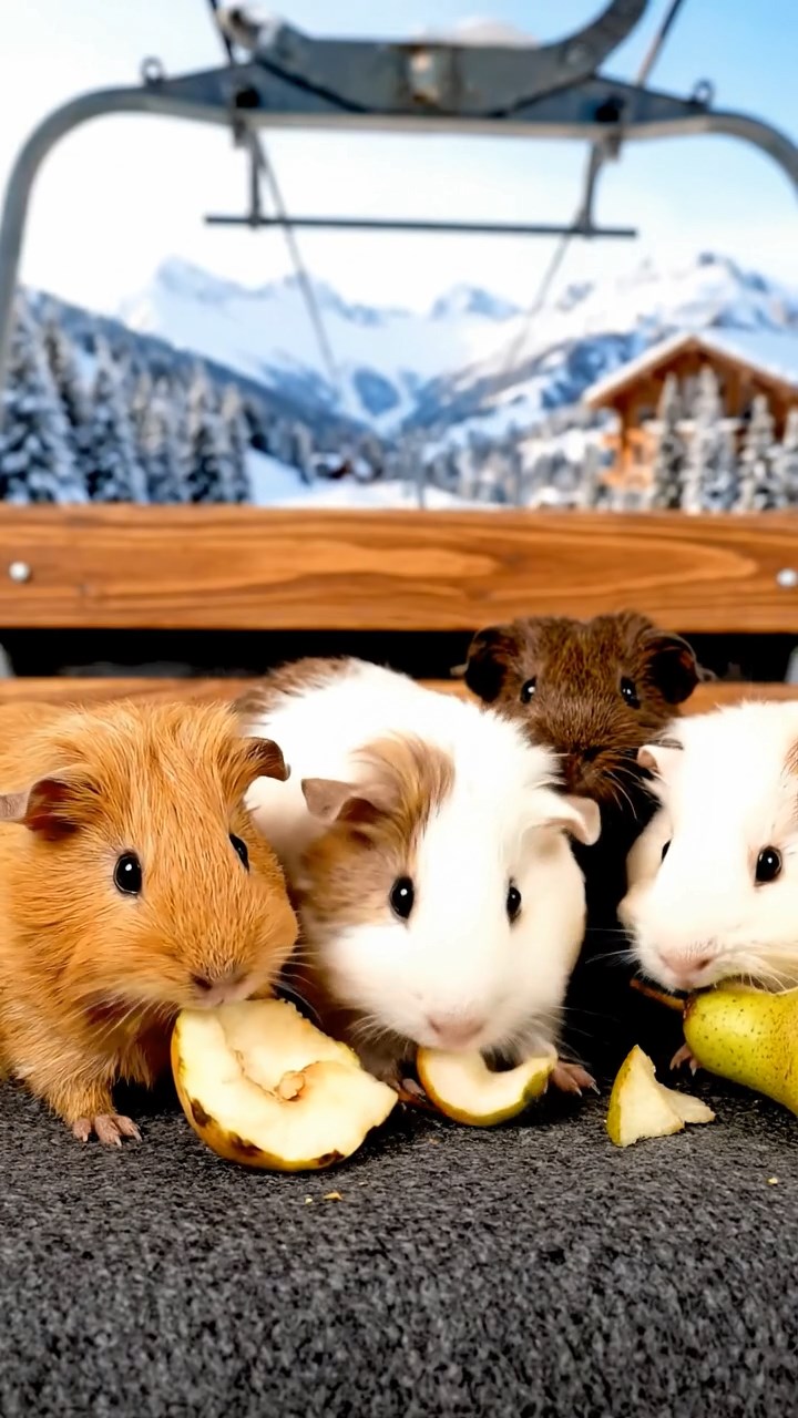 1775. Photorealistic scene of 5 smooth-haired Teddy guinea pigs in brown, cream, and fawn colors, nibbling on pear skins, in a chalet chair lift.