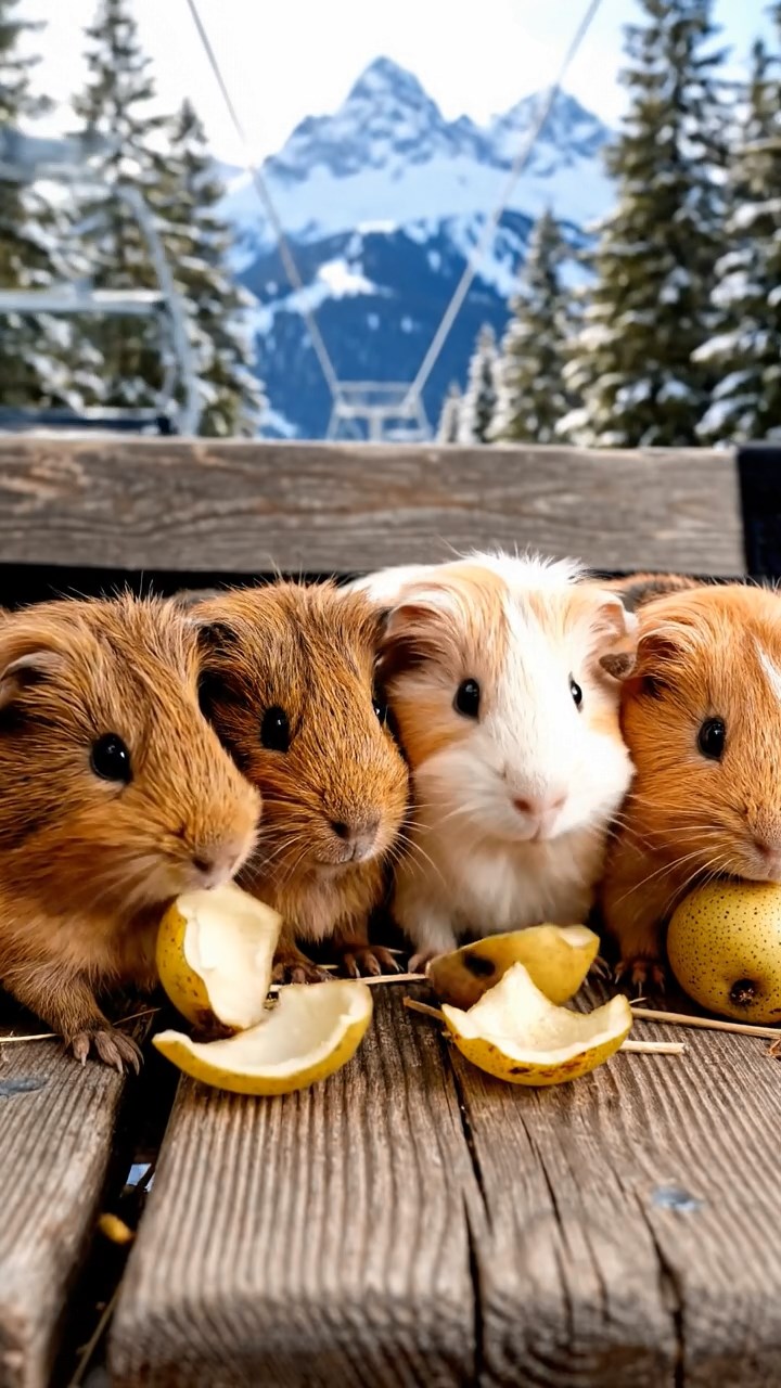 1775. Photorealistic scene of 5 smooth-haired Teddy guinea pigs in brown, cream, and fawn colors, nibbling on pear skins, in a chalet chair lift.
