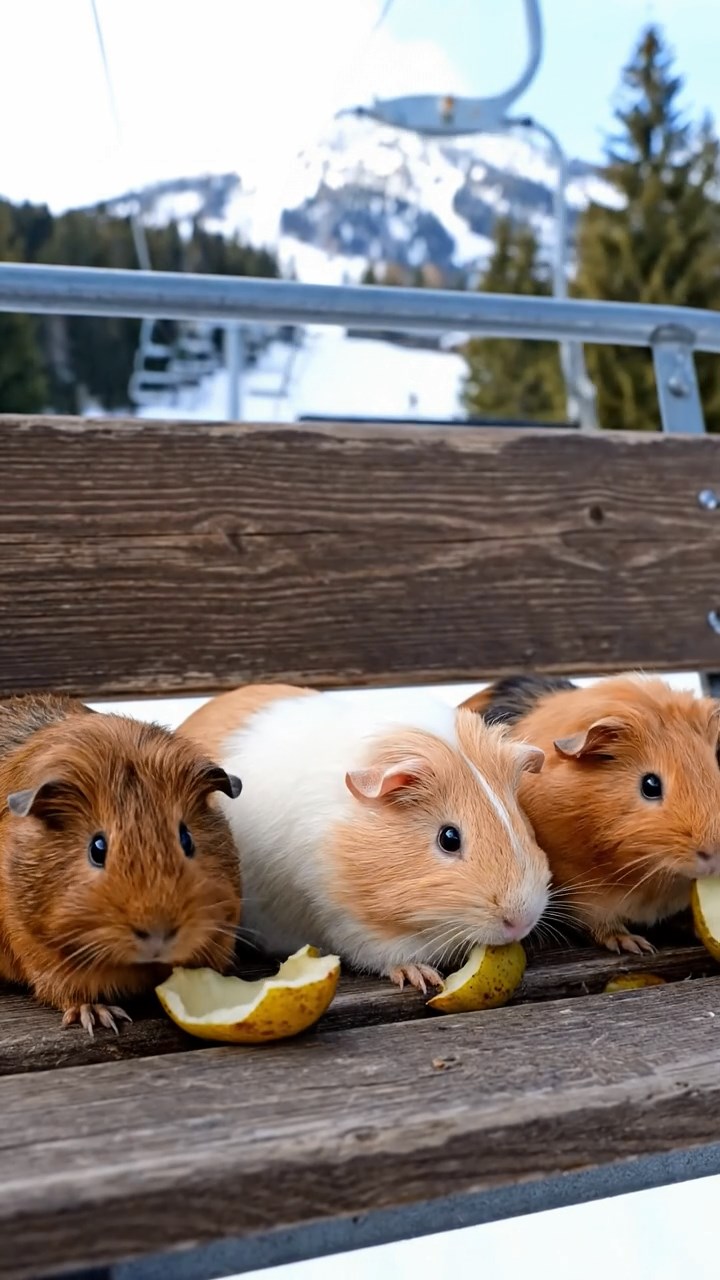 1775. Photorealistic scene of 5 smooth-haired Teddy guinea pigs in brown, cream, and fawn colors, nibbling on pear skins, in a chalet chair lift.