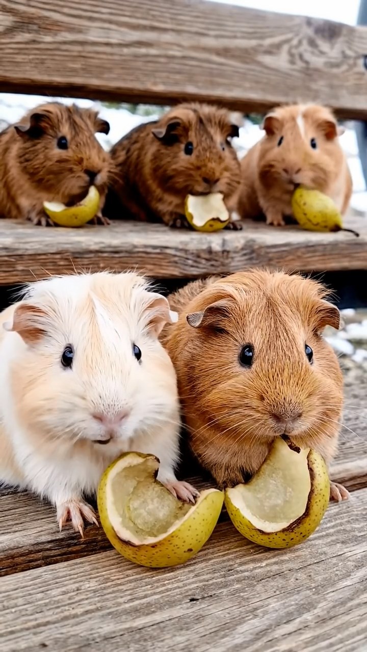1775. Photorealistic scene of 5 smooth-haired Teddy guinea pigs in brown, cream, and fawn colors, nibbling on pear skins, in a chalet chair lift.