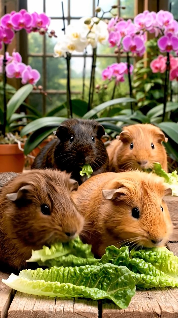 1776. Realistic depiction of 4 smooth-haired Texel guinea pigs with chocolate, cinnamon, and sable fur, chewing on romaine salads, among orchid house plants.
