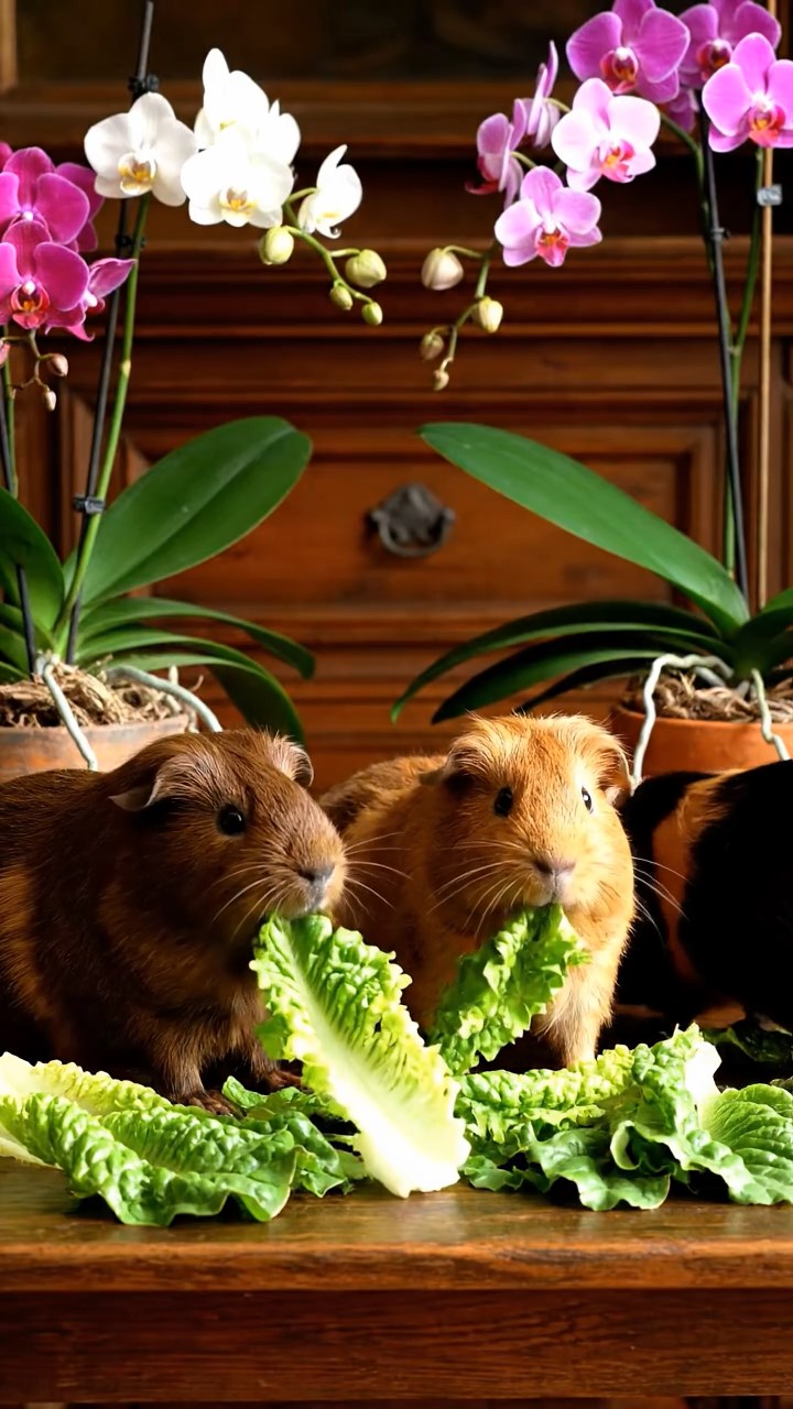 1776. Realistic depiction of 4 smooth-haired Texel guinea pigs with chocolate, cinnamon, and sable fur, chewing on romaine salads, among orchid house plants.