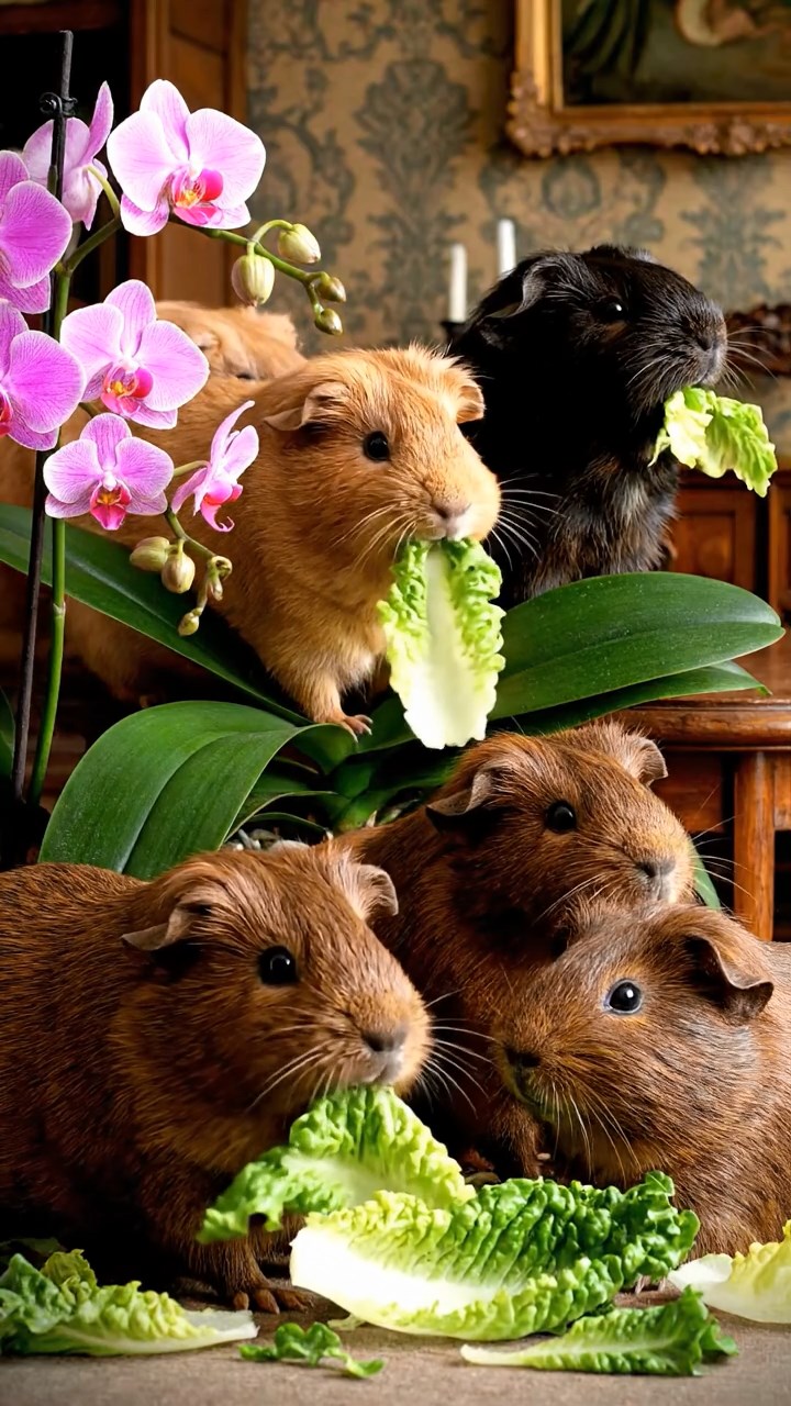 1776. Realistic depiction of 4 smooth-haired Texel guinea pigs with chocolate, cinnamon, and sable fur, chewing on romaine salads, among orchid house plants.