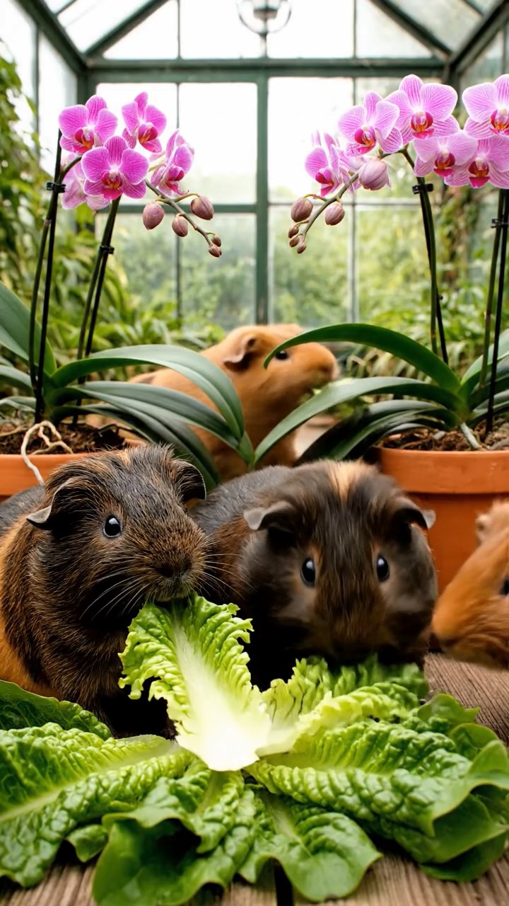 1776. Realistic depiction of 4 smooth-haired Texel guinea pigs with chocolate, cinnamon, and sable fur, chewing on romaine salads, among orchid house plants.