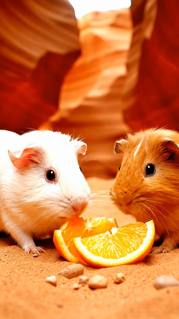 1777. Detailed photo of 2 smooth-haired Rex guinea pigs featuring white and orange coats, sharing orange slices, on a path canyon slot.