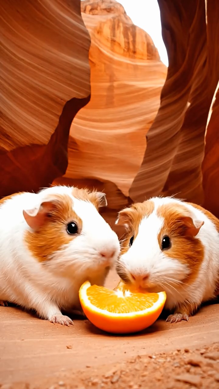 1777. Detailed photo of 2 smooth-haired Rex guinea pigs featuring white and orange coats, sharing orange slices, on a path canyon slot.