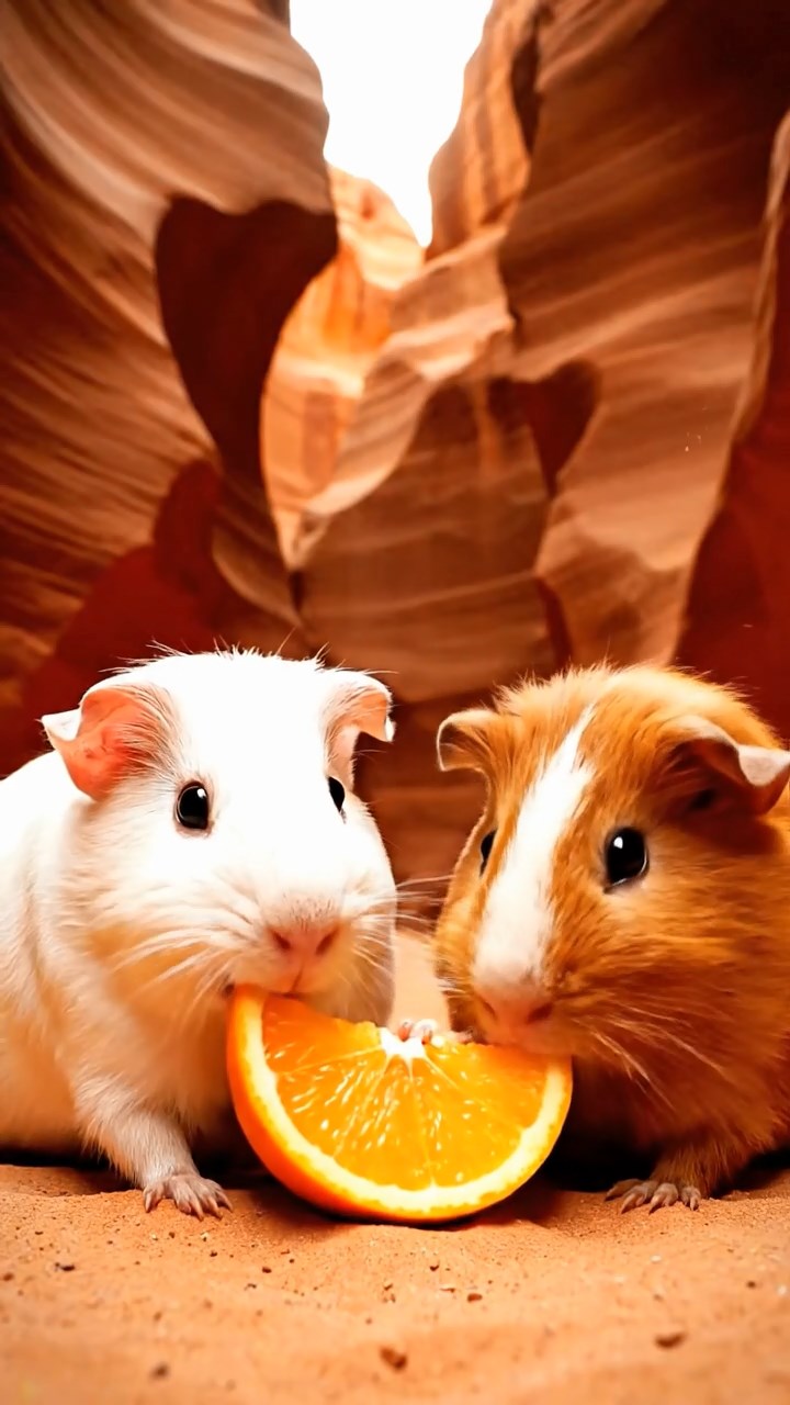1777. Detailed photo of 2 smooth-haired Rex guinea pigs featuring white and orange coats, sharing orange slices, on a path canyon slot.