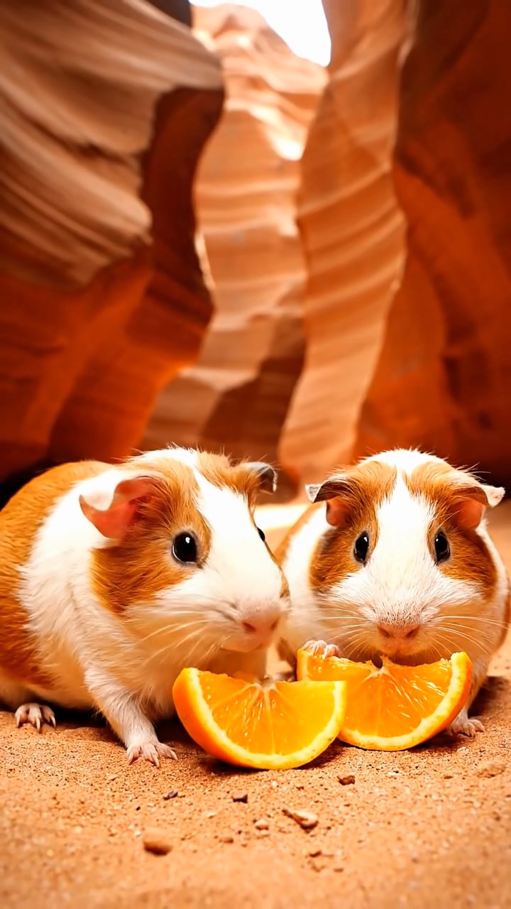 1777. Detailed photo of 2 smooth-haired Rex guinea pigs featuring white and orange coats, sharing orange slices, on a path canyon slot.