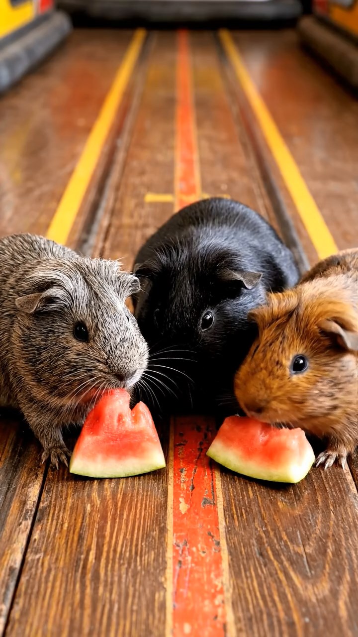 1778. Photorealistic image of 3 smooth-haired Coronet guinea pigs with gray, black, and brown fur, munching on watermelon chunks, on a bumper car floor.