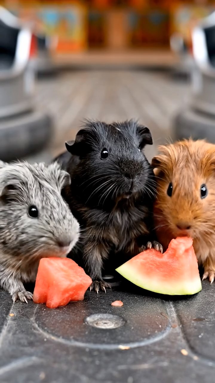 1778. Photorealistic image of 3 smooth-haired Coronet guinea pigs with gray, black, and brown fur, munching on watermelon chunks, on a bumper car floor.
