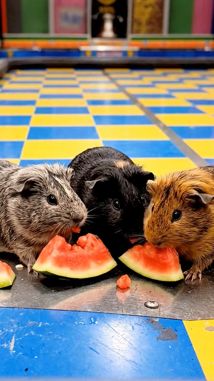 1778. Photorealistic image of 3 smooth-haired Coronet guinea pigs with gray, black, and brown fur, munching on watermelon chunks, on a bumper car floor.