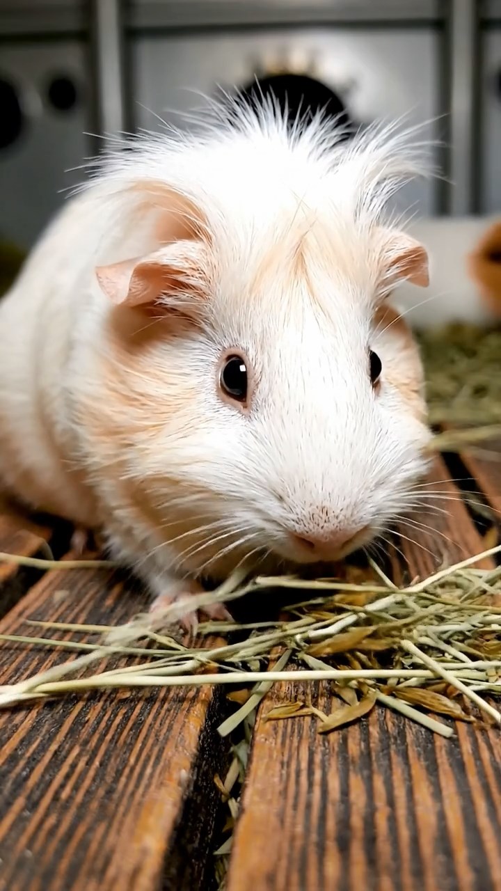 1779. Realistic scene of 1 smooth-haired White Crested guinea pig with cream fur, eating timothy hay, on a deck submarine.