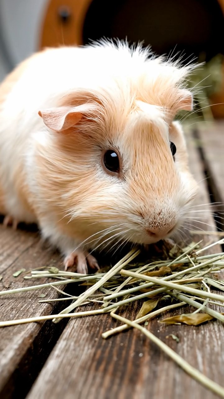 1779. Realistic scene of 1 smooth-haired White Crested guinea pig with cream fur, eating timothy hay, on a deck submarine.