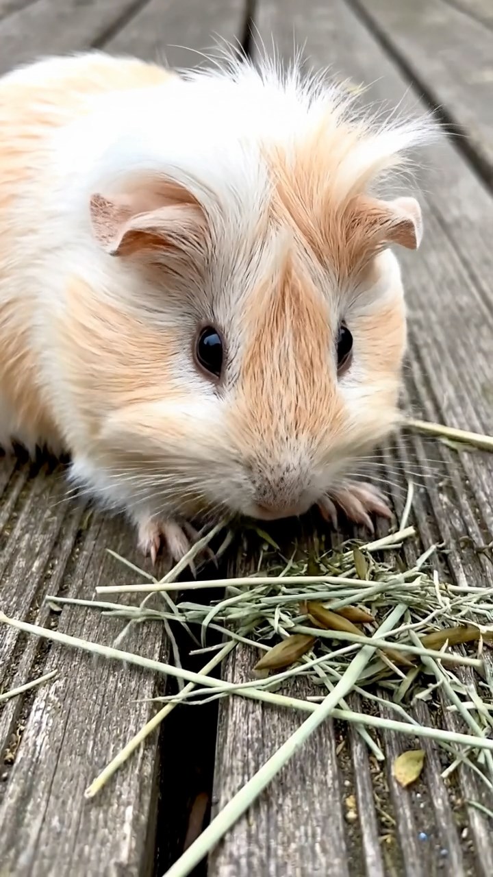 1779. Realistic scene of 1 smooth-haired White Crested guinea pig with cream fur, eating timothy hay, on a deck submarine.