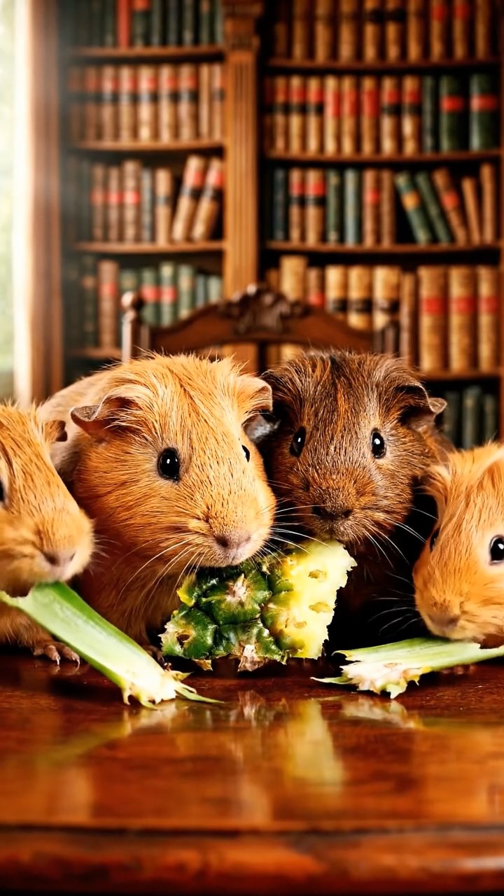 1780. Highly detailed view of 4 smooth-haired Skinny guinea pigs in fawn, chocolate, and cinnamon colors, nibbling on pineapple leaves, in a book room rare.