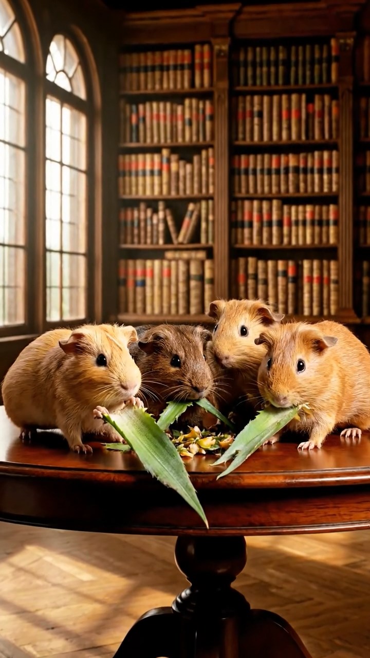 1780. Highly detailed view of 4 smooth-haired Skinny guinea pigs in fawn, chocolate, and cinnamon colors, nibbling on pineapple leaves, in a book room rare.