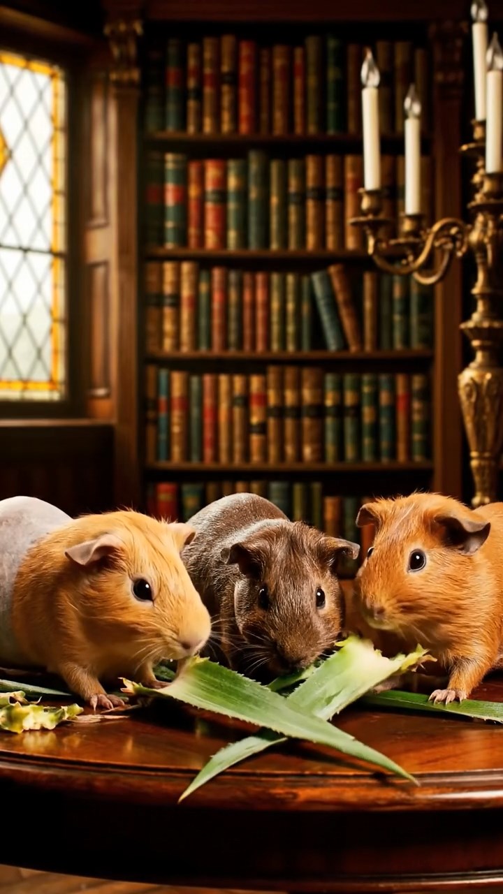 1780. Highly detailed view of 4 smooth-haired Skinny guinea pigs in fawn, chocolate, and cinnamon colors, nibbling on pineapple leaves, in a book room rare.