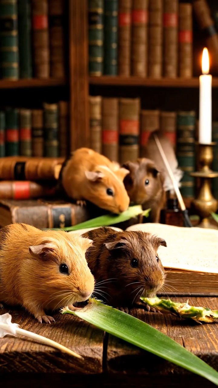 1780. Highly detailed view of 4 smooth-haired Skinny guinea pigs in fawn, chocolate, and cinnamon colors, nibbling on pineapple leaves, in a book room rare.