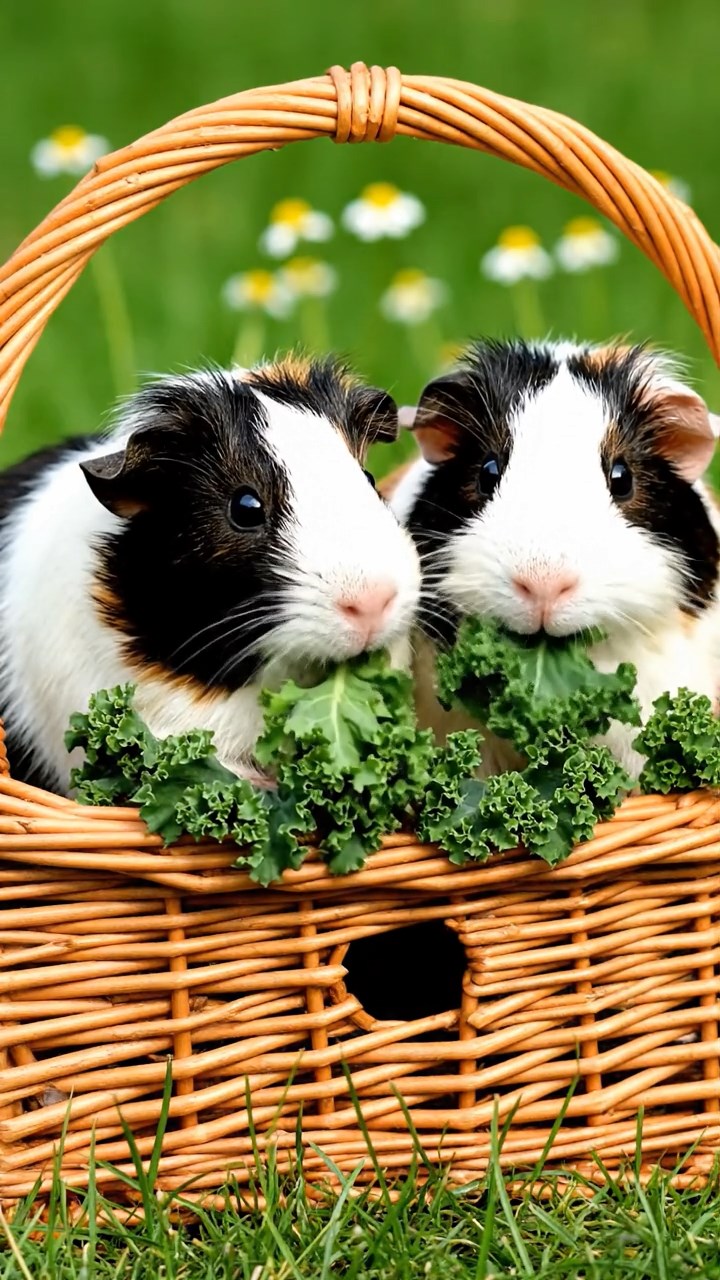 1781. Photorealistic photo of 2 smooth-haired American guinea pigs with sable and white fur, chewing on kale bunches, inside a basket landing field.
