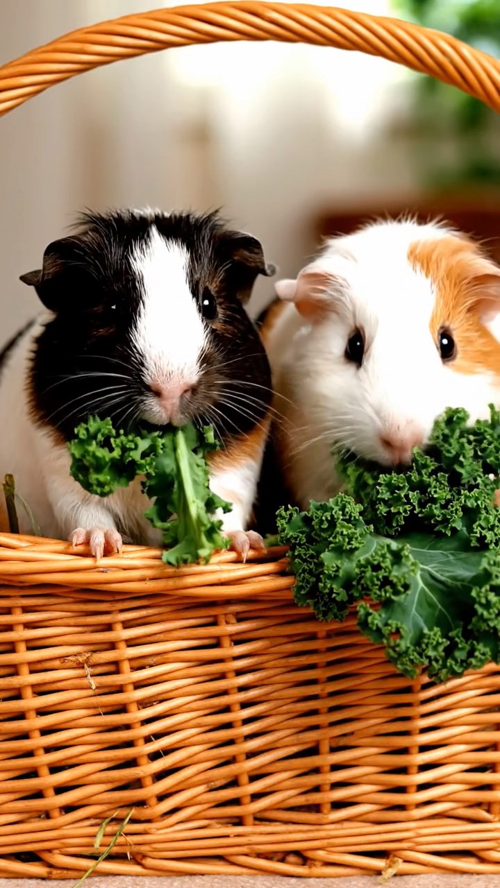 1781. Photorealistic photo of 2 smooth-haired American guinea pigs with sable and white fur, chewing on kale bunches, inside a basket landing field.