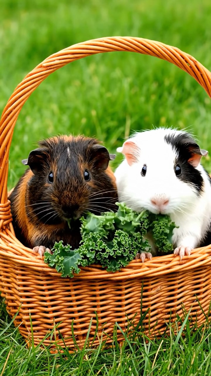 1781. Photorealistic photo of 2 smooth-haired American guinea pigs with sable and white fur, chewing on kale bunches, inside a basket landing field.